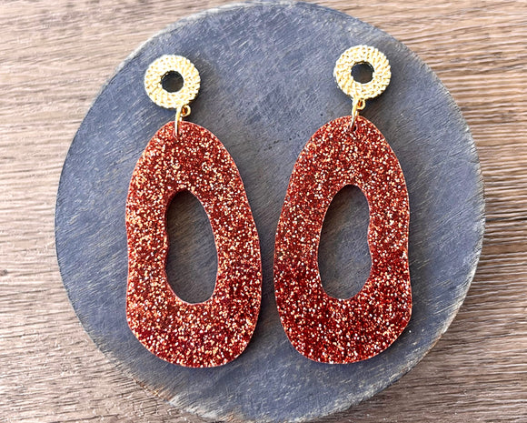 Brown Copper Glitter Lucite Acrylic Big Dangle Womens Statement Earrings - Sylvia