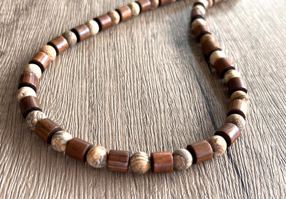 Wood Brown Tan Matte Stone Beaded Long Short Surfer Mens Necklace - Terrance