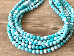 Aqua Blue White Acrylic Lucite Bead Chunky Statement Necklace - Alana