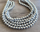 Silver Shiny Acrylic Beaded Chunky Multi Strand Statement Necklace - Alana