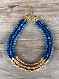 Blue Gold Wood Beaded Multi Strand Chunky Statement Necklace - Lisa