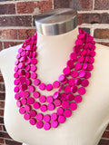 Hot Pink Wood Beaded Multi Strand Statement Necklace - Charlotte