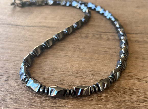 Mens Beaded Stone Gray Hematite Long Necklace - Dylan