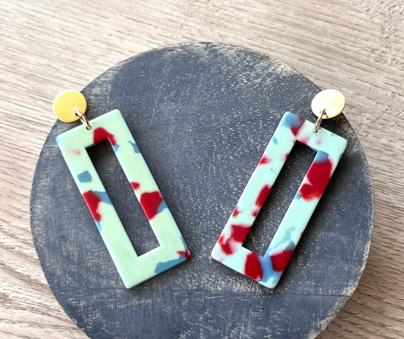 Light Blue Green Red Statement Big Lucite Geometric Acrylic Large Earrings - Louise