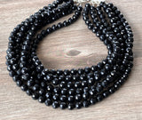 Black Faceted Beaded Lucite Acrylic Chunky Multi Strand Statement Necklace - Angelina