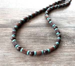 Mens Brown Turquoise Blue Wood Jasper Stone Beaded Surfer Long Short Mens Necklace - Saul