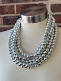 Silver Shiny Acrylic Beaded Chunky Multi Strand Statement Necklace - Alana