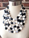 Black Silver White Wood Beaded Multi Strand Statement Necklace - Charlotte