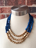 Blue Gold Wood Beaded Multi Strand Chunky Statement Necklace - Lisa