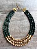 Dark Green Gold Wood Beaded Chunky Multi Strand Statement Necklace - Lisa