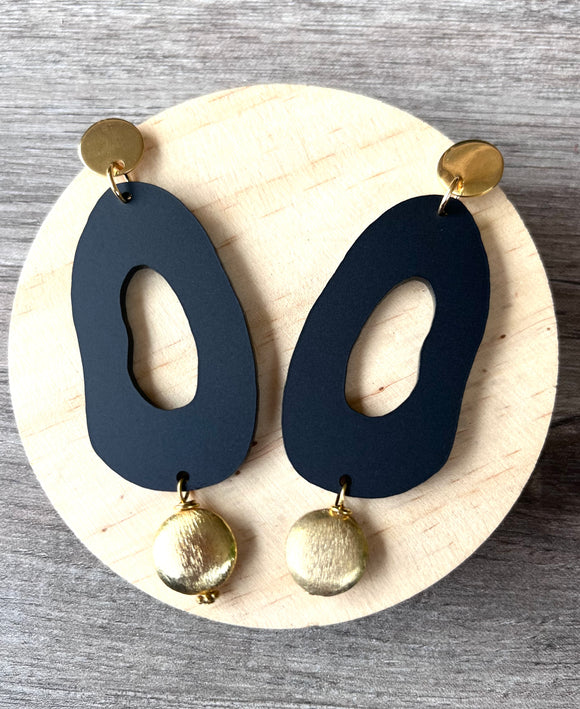 Gold Black Matte Acrylic Statement Lucite Big Dangle Earrings - Sylvia