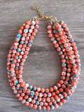 Orange Blue Jade Beaded Chunky Multi Strand Statement Necklace - Alana