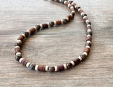 Mens Brown White Wood Jasper Stone Beaded Surfer Long Short Mens Necklace - Saul