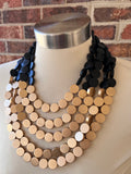 Black Gold Wood Beaded Chunky Multi Strand Statement Necklace - Regan