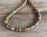 Wood Turquoise Blue Brown Mens Beaded Surfer Necklace - Dennis