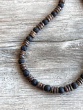 Mens Black Brown Wood Lava Rock Beaded Surfer Long Short Necklace