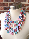 Pastel Multi Color Beaded Wood Multi Strand Chunky Statement Necklace - Charlotte