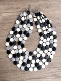 Black Silver White Wood Beaded Multi Strand Statement Necklace - Charlotte