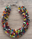 Rainbow Crystal Glass Beaded Multi Strand Chunky Statement Necklace - Anna Marie