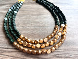 Dark Green Gold Wood Beaded Chunky Multi Strand Statement Necklace - Lisa