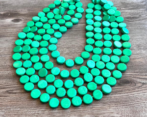 Green Beaded Wood Multi Strand Chunky Statement Necklace - Charlotte