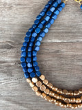 Blue Gold Wood Beaded Multi Strand Chunky Statement Necklace - Lisa