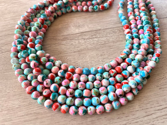 Multi Color Beaded Chunky Stone Multi Strand Statement Necklace - Michelle