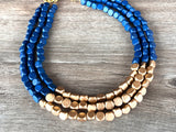 Blue Gold Wood Beaded Multi Strand Chunky Statement Necklace - Lisa