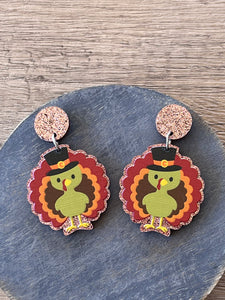 Turkey Thanksgiving Glitter Statement Acrylic Lucite Dangle Earrings