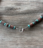 Mens Brown Turquoise Blue Wood Jasper Stone Beaded Surfer Long Short Mens Necklace - Saul