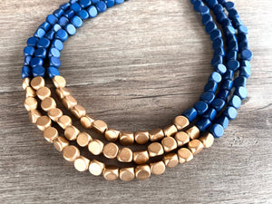 Blue Gold Wood Beaded Multi Strand Chunky Statement Necklace - Lisa