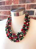 Red Green Gold Faceted Crystal Pearl Beaded Multi Strand Statement Christmas Necklace