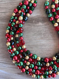 Red Green Gold Faceted Crystal Pearl Beaded Multi Strand Statement Christmas Necklace