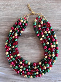 Red Green Gold Faceted Crystal Pearl Beaded Multi Strand Statement Christmas Necklace