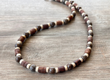 Mens Brown White Wood Jasper Stone Beaded Surfer Long Short Mens Necklace - Saul