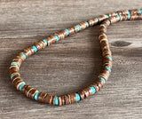 Wood Turquoise Blue Brown Mens Beaded Surfer Necklace - Dennis