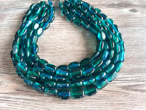 Teal Green Blue Beaded Lucite Chunky Multi Strand Statement Necklace - Lauren