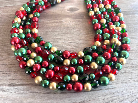 Red Green Gold Faceted Crystal Pearl Beaded Multi Strand Statement Christmas Necklace