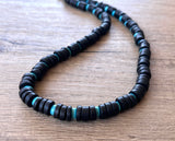 Black Wood Blue Turquoise Beaded Mens Surfer Long Necklace - Dennis