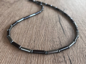 Mens Black Gray Hematite Magnesite Beaded Long Choker Necklace - Wyatt