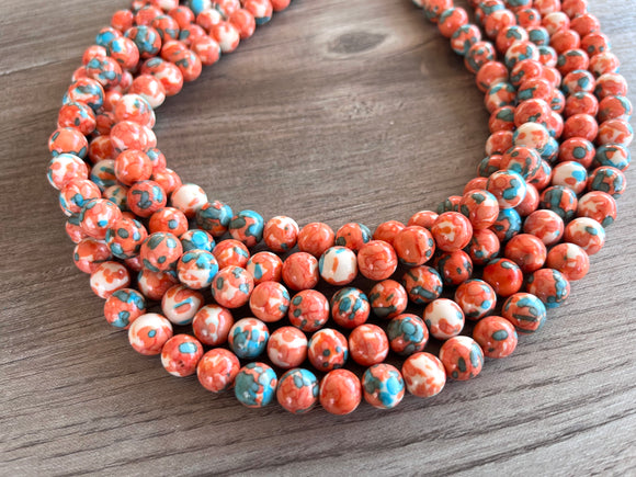 Orange Blue Jade Beaded Chunky Multi Strand Statement Necklace - Alana