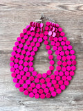 Hot Pink Wood Beaded Multi Strand Statement Necklace - Charlotte