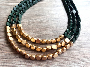 Dark Green Gold Wood Beaded Chunky Multi Strand Statement Necklace - Lisa