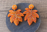 Orange Fall Leaf Sequin Beaded Thanksgiving Statement Dangle Earrings