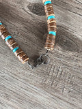 Wood Turquoise Blue Brown Mens Beaded Surfer Necklace - Dennis