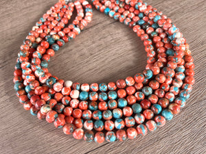 Orange Teal Beaded Chunky Stone Multi Strand Statement Necklace - Michelle