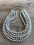 Silver Shiny Acrylic Beaded Chunky Multi Strand Statement Necklace - Alana