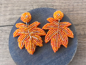 Orange Fall Leaf Sequin Beaded Thanksgiving Statement Dangle Earrings