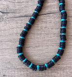 Black Wood Blue Turquoise Beaded Mens Surfer Long Necklace - Dennis