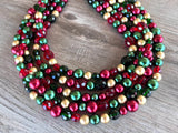 Red Green Gold Faceted Crystal Pearl Beaded Multi Strand Statement Christmas Necklace